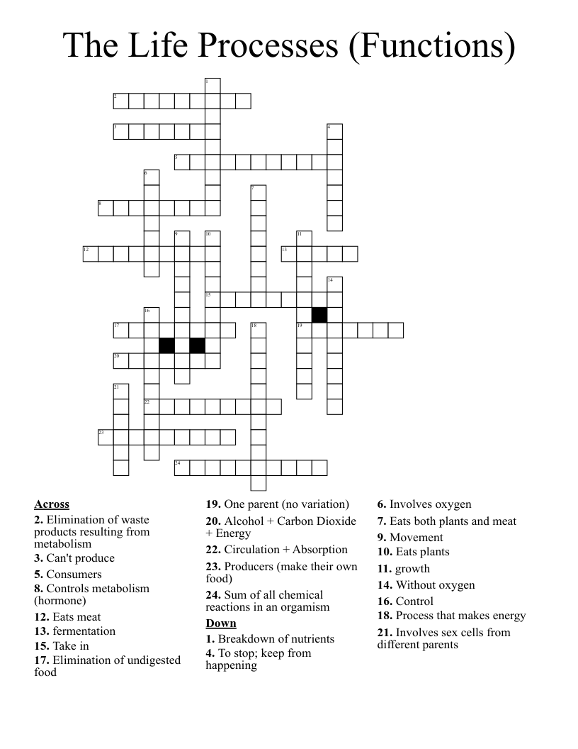 The Life Processes (Functions) Crossword