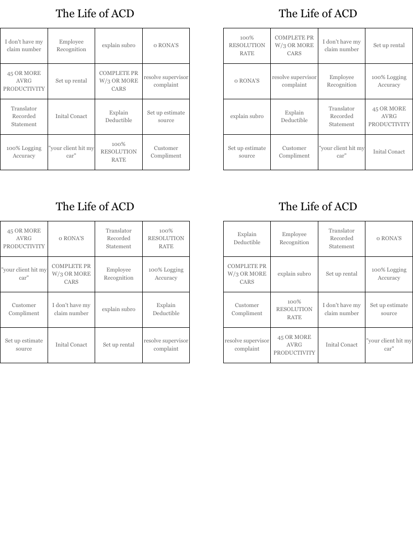 The Life of ACD Bingo Cards