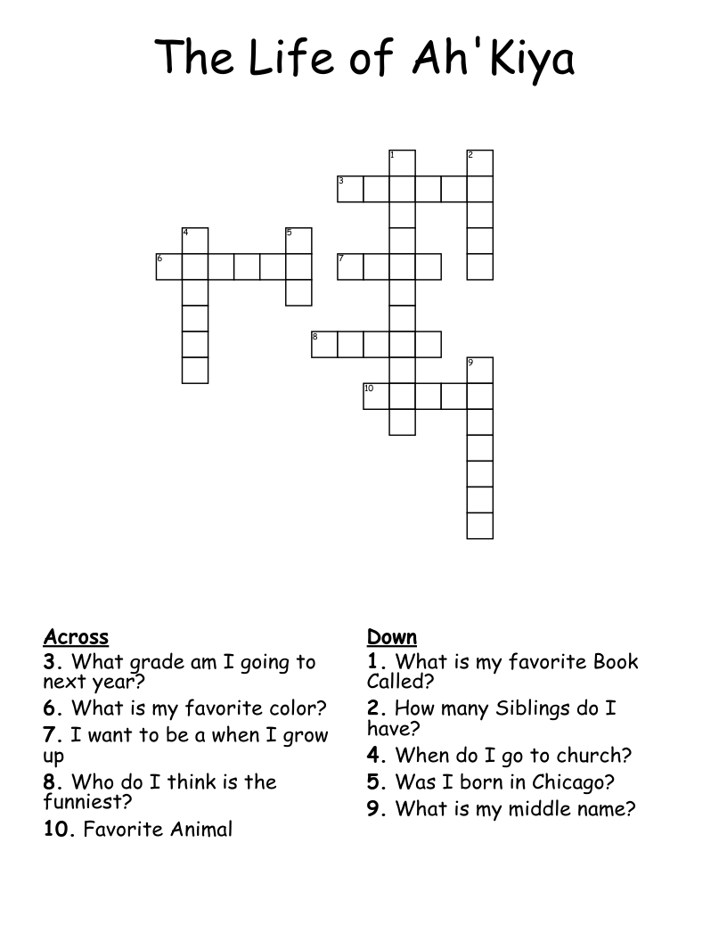 The Life of Ah'Kiya Crossword