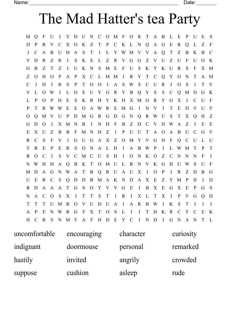 The Mad Hatter's tea Party Word Search