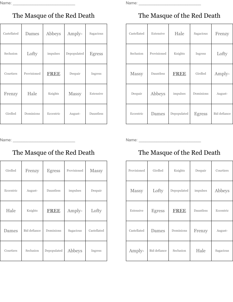 The Masque of the Red Death Bingo Cards