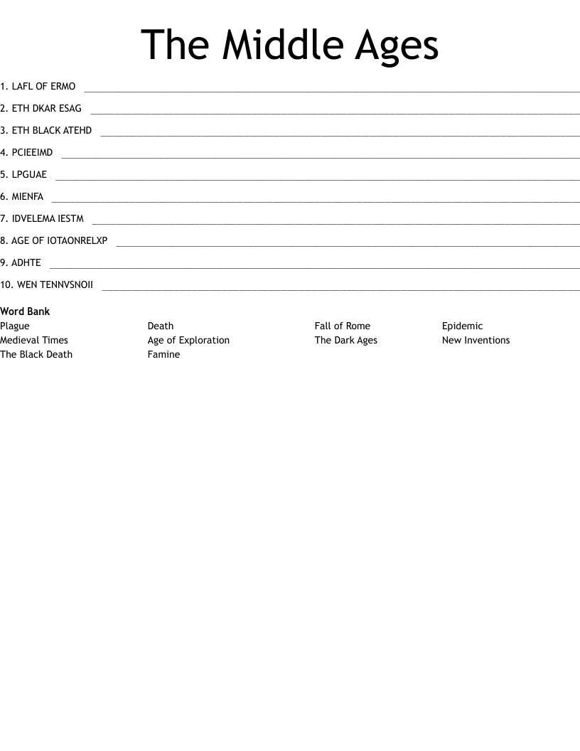 The Middle Ages Word Scramble
