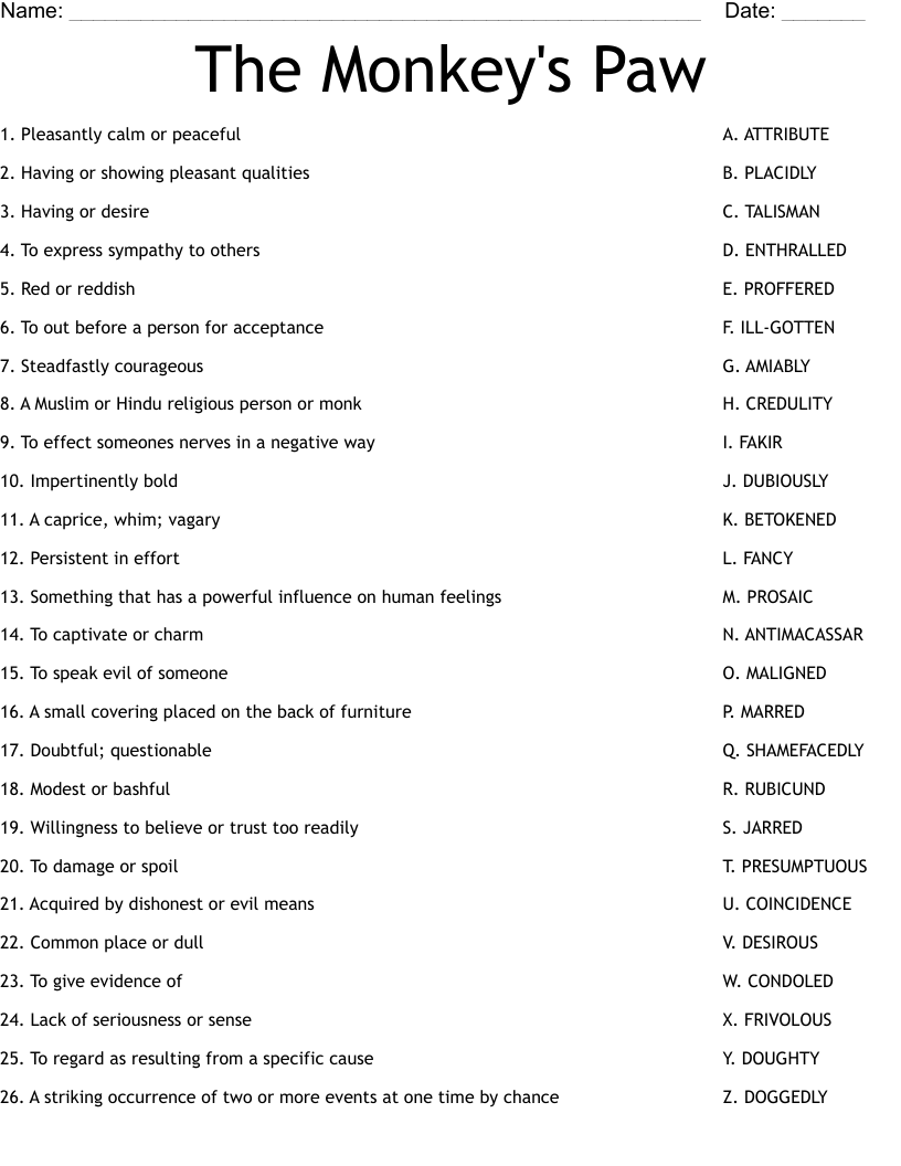 The Monkey's Paw Worksheet - WordMint