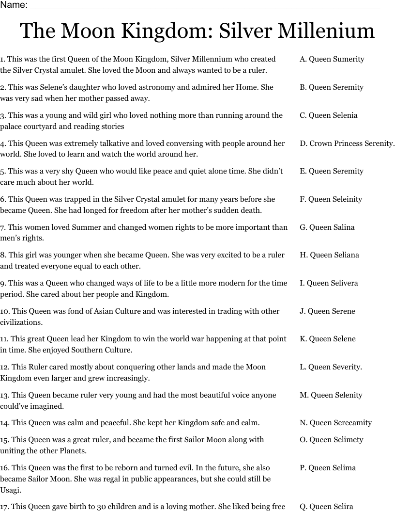 The Moon Kingdom: Silver Millenium Worksheet