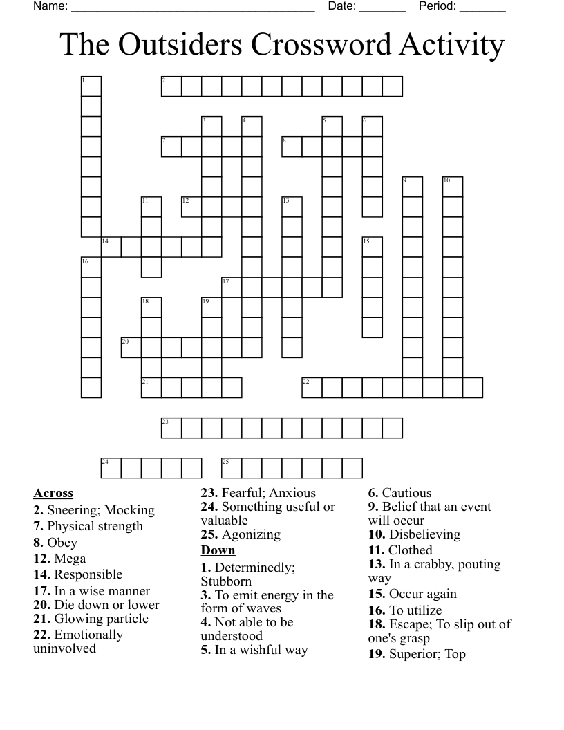 Outsiders Vocabulary Crossword Puzzle WordMint
