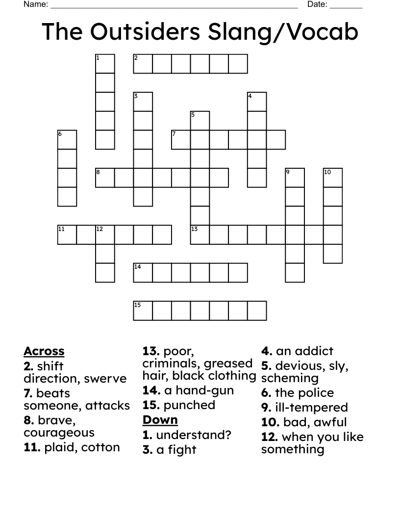 The Outsiders Slang Vocab Crossword WordMint
