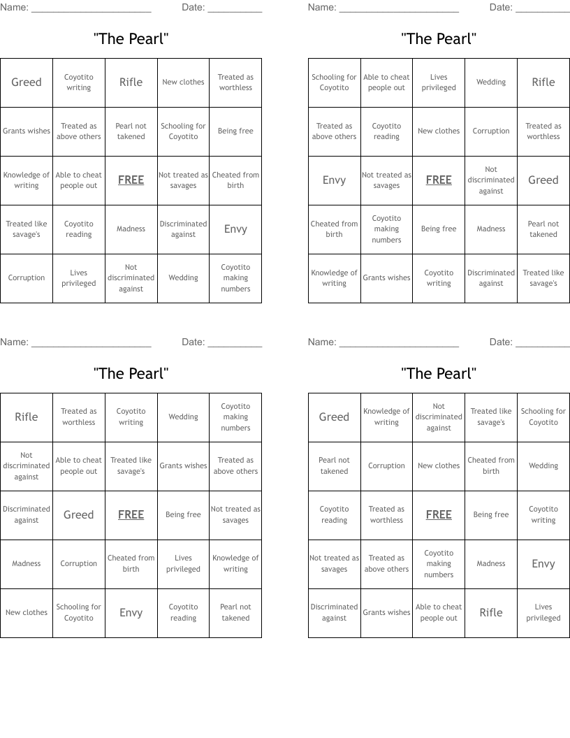 "The Pearl" Bingo Cards