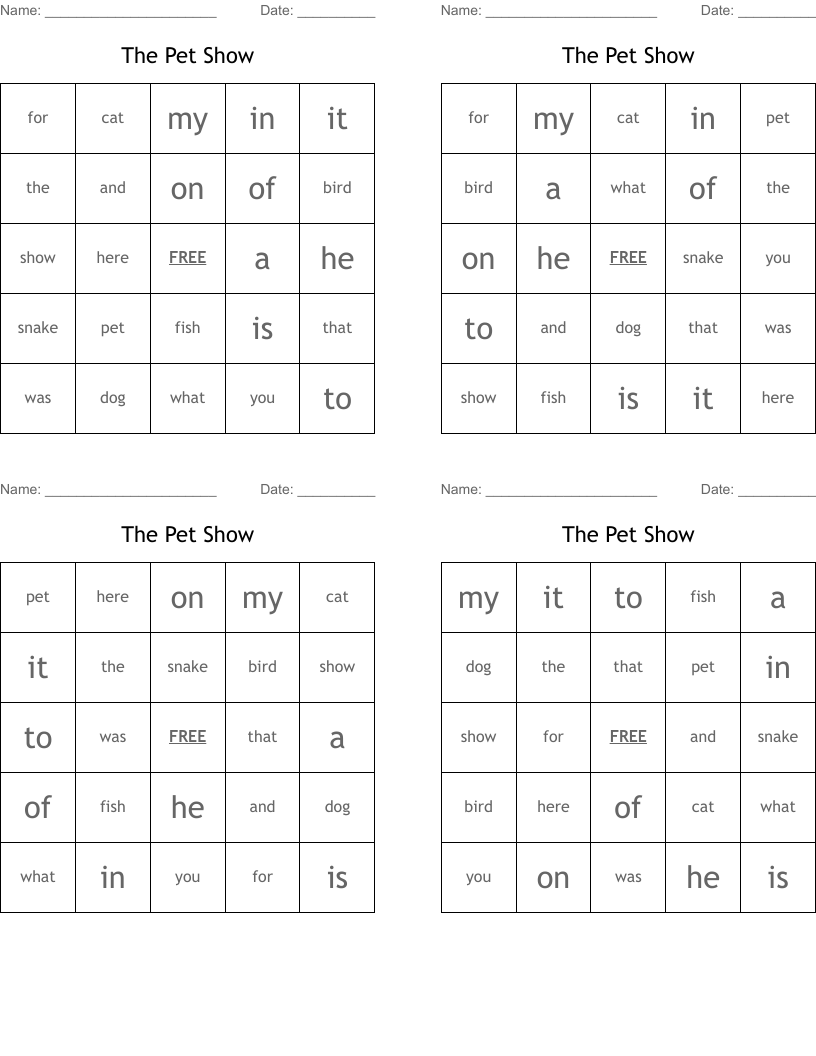 The Pet Show Bingo Cards WordMint