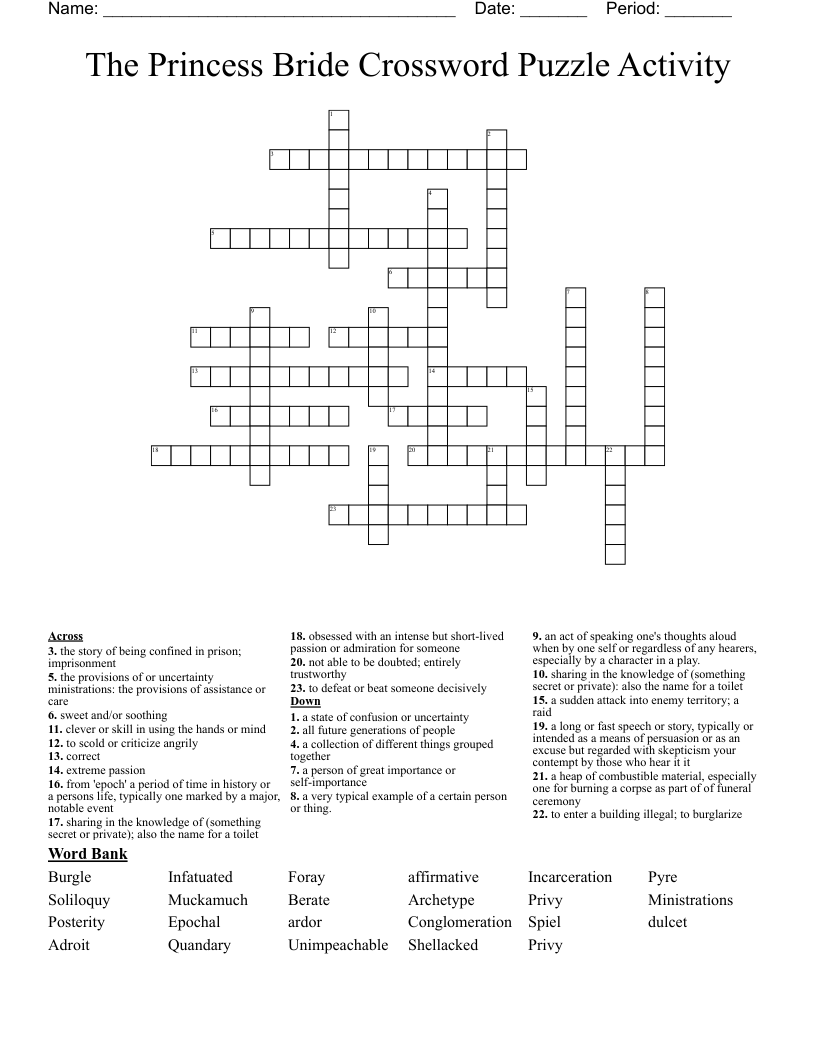 The Princess Bride Crossword Puzzle Activity WordMint