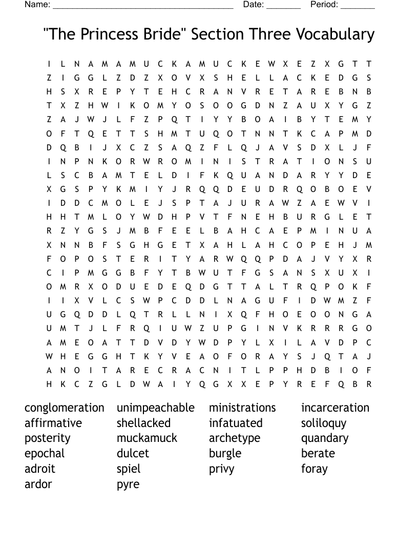 "The Princess Bride" Section Three Vocabulary Word Search