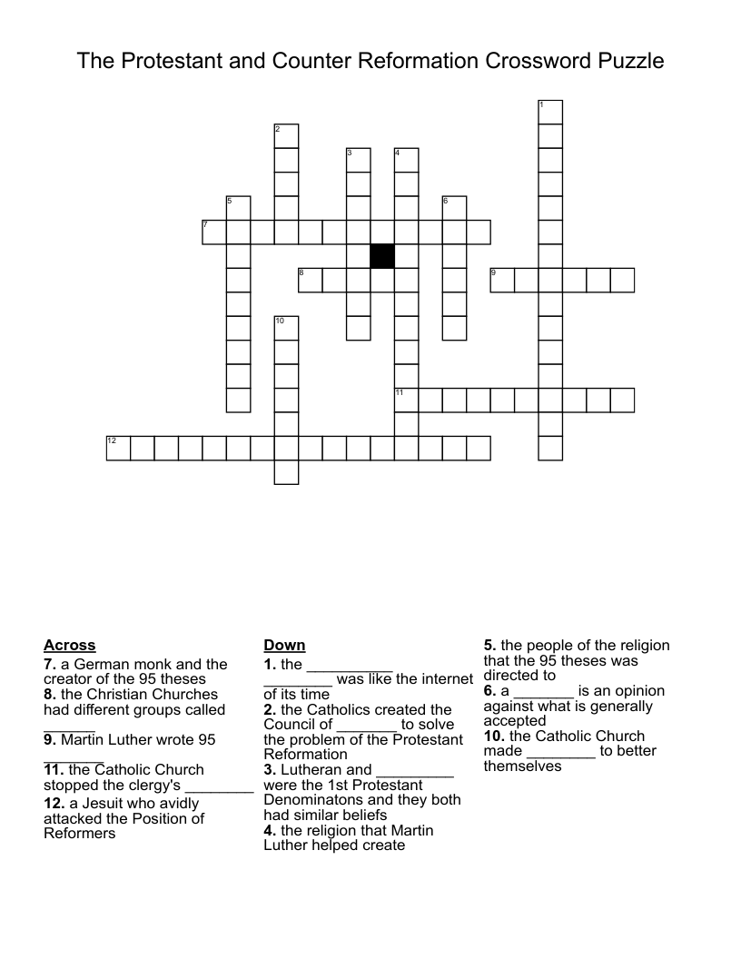 Protestant Reformation Crossword - WordMint In Protestant Reformation Worksheet Answers