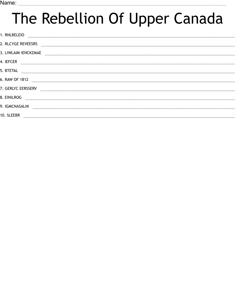 The Rebellion Of Upper Canada Word Scramble