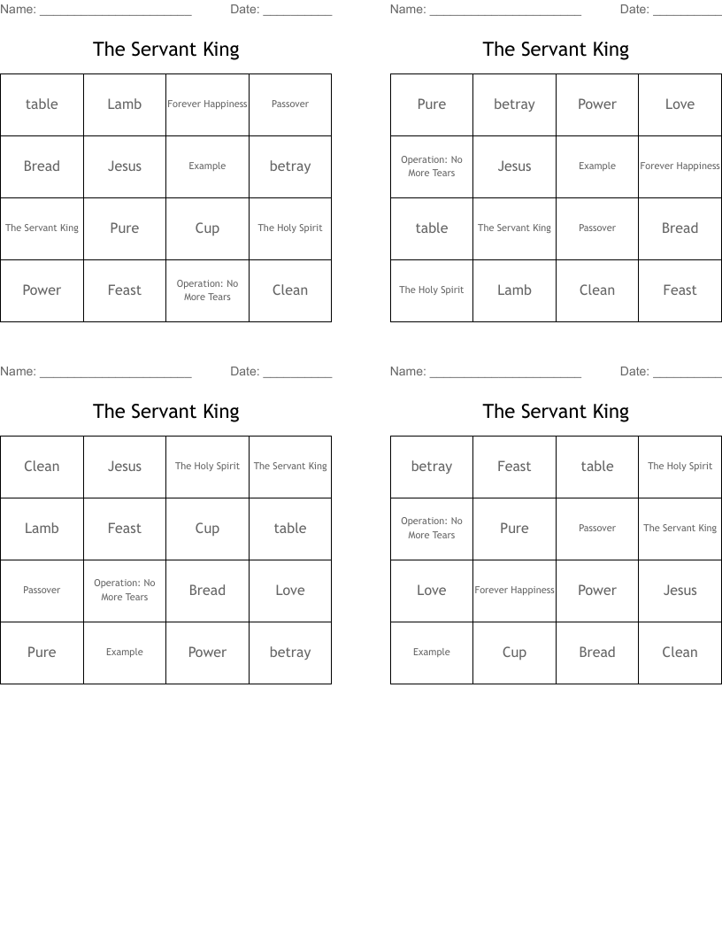 The Servant King Bingo Cards
