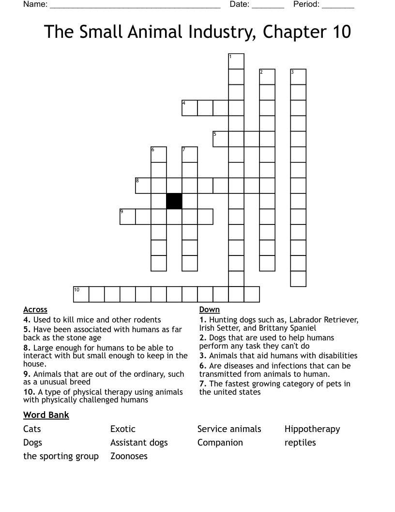 The Small Animal Industry, Chapter 10  Crossword