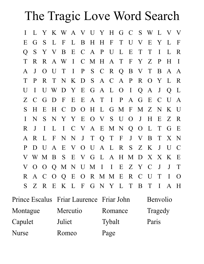 The Tragic Love Word Search