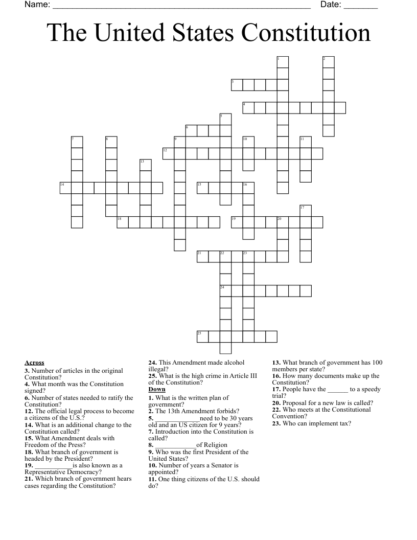 U S Constitution Crossword Puzzle WordMint