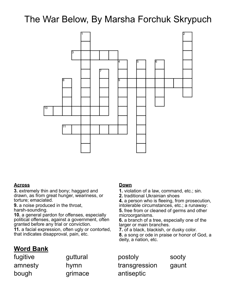 The War Below, By Marsha Forchuk Skrypuch Crossword