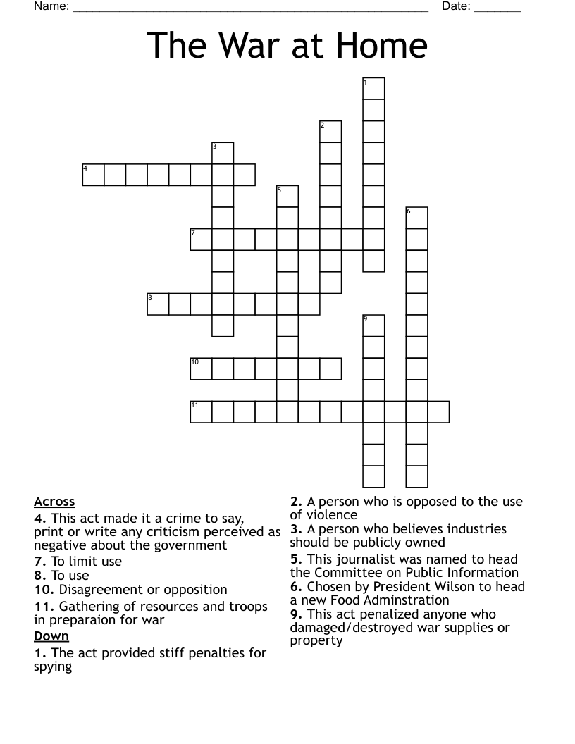 The War at Home Crossword - WordMint