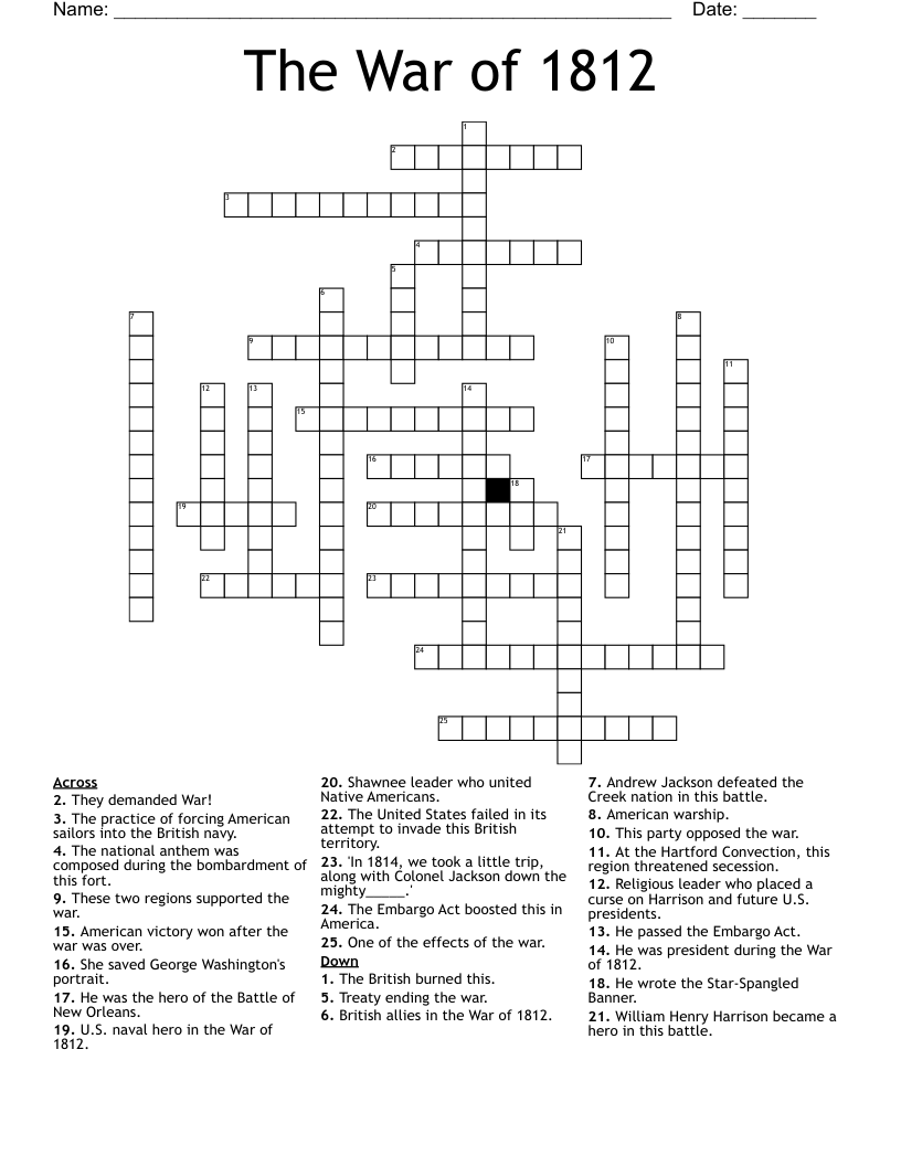 The War Of 1812 Crossword WordMint