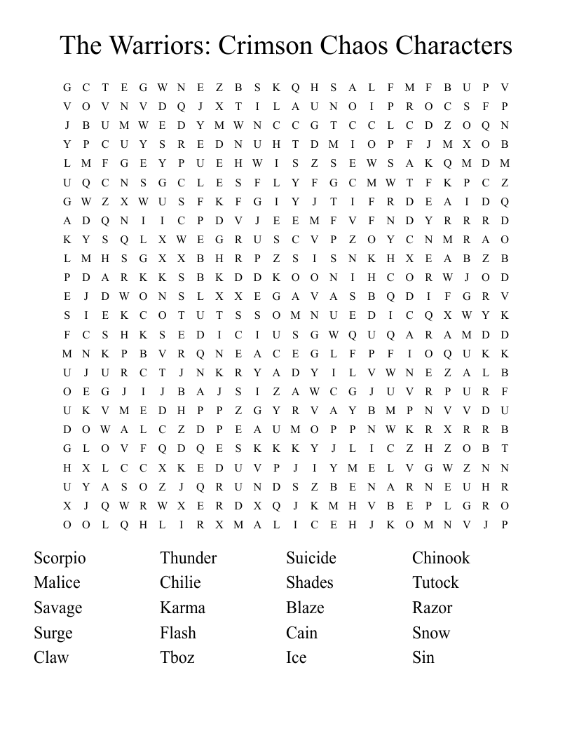 The Warriors: Crimson Chaos Characters Word Search