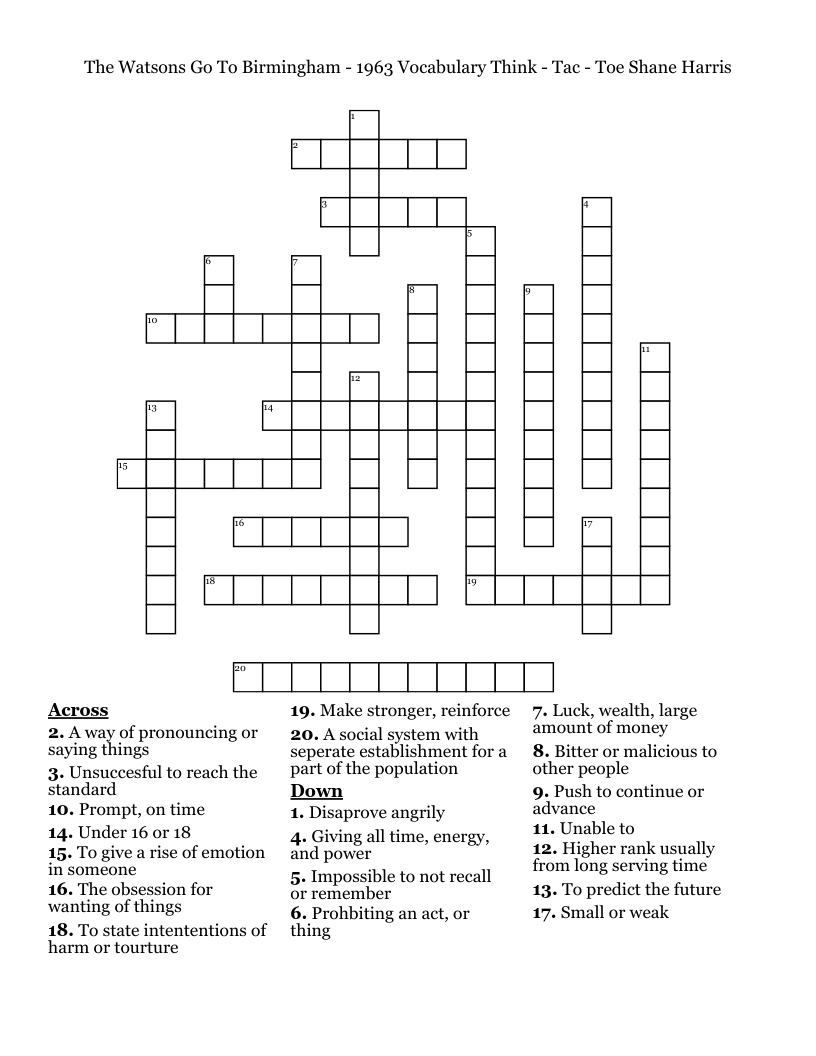 The Watsons Go To Birmingham - 1963 Vocabulary Think - Tac - Toe Shane Harris Crossword