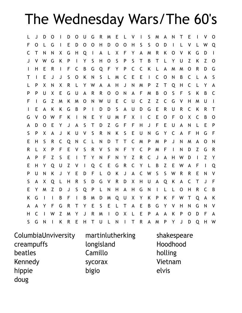 The Wednesday Wars/The 60's Word Search