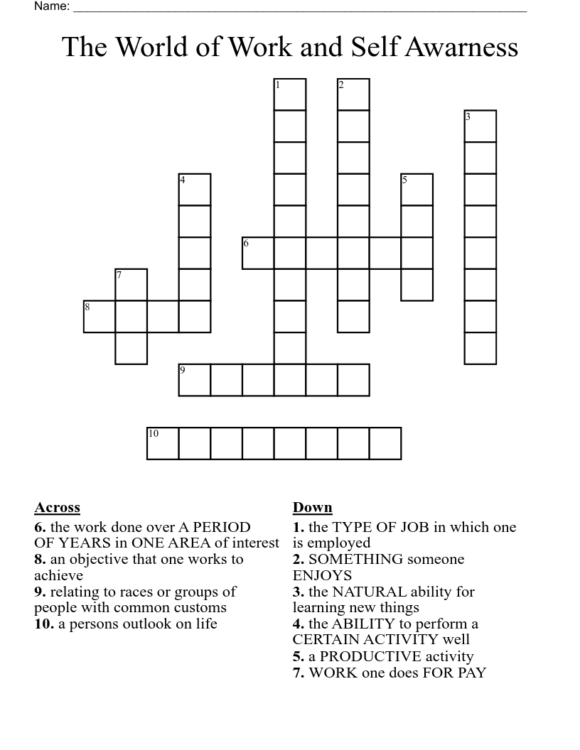 The World of Work and Self Awarness Crossword