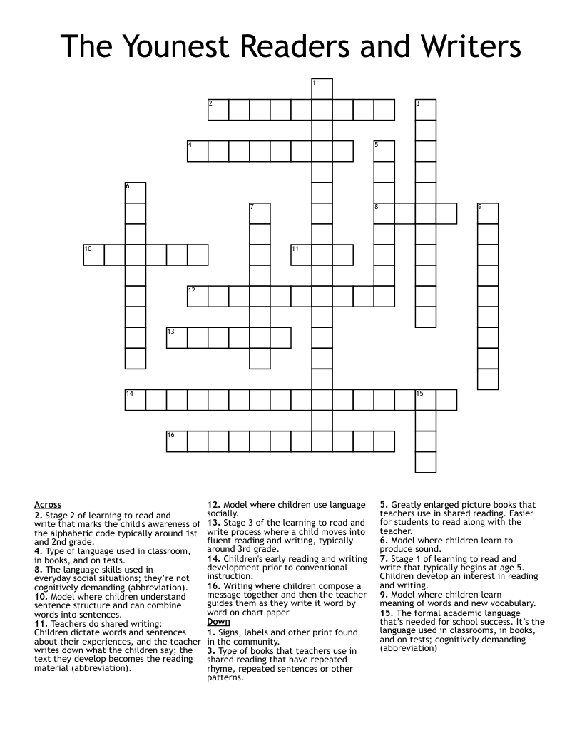 The Younest Readers and Writers Crossword