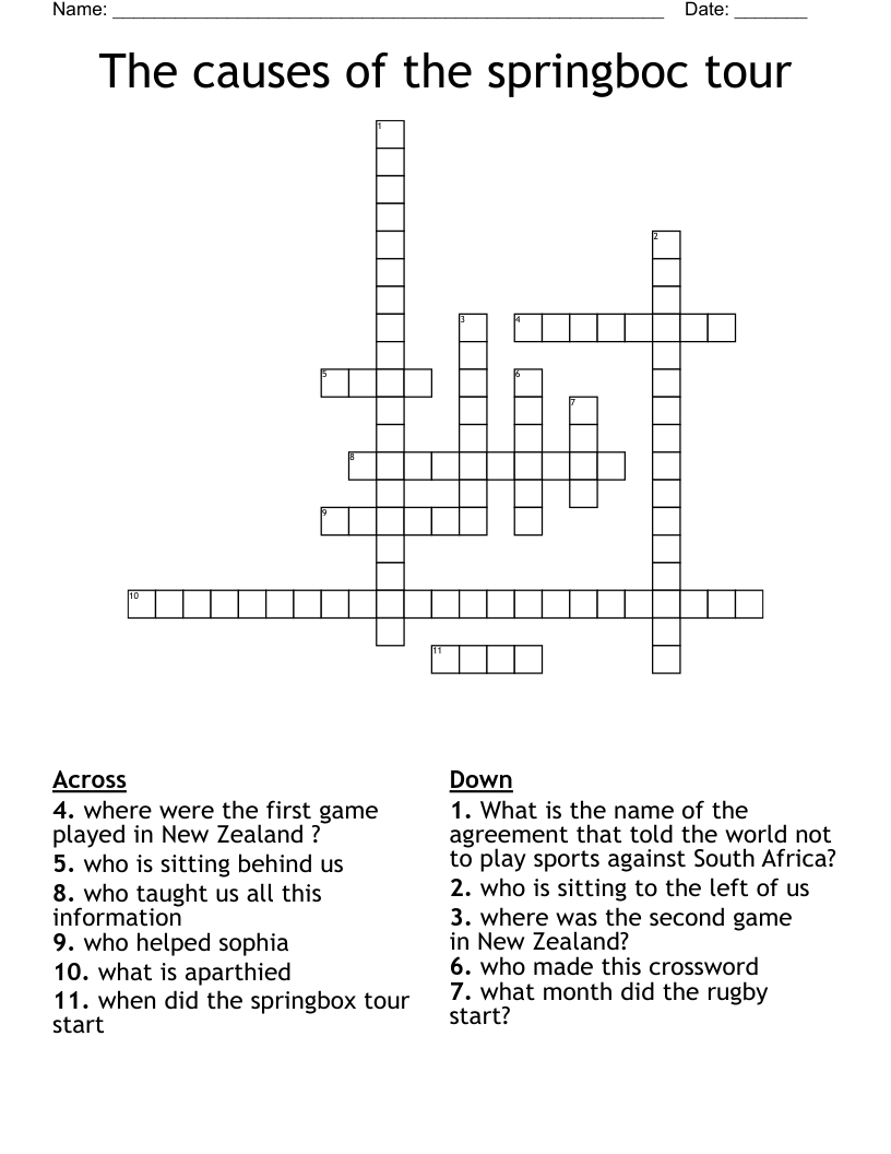 The causes of the springboc tour Crossword - WordMint