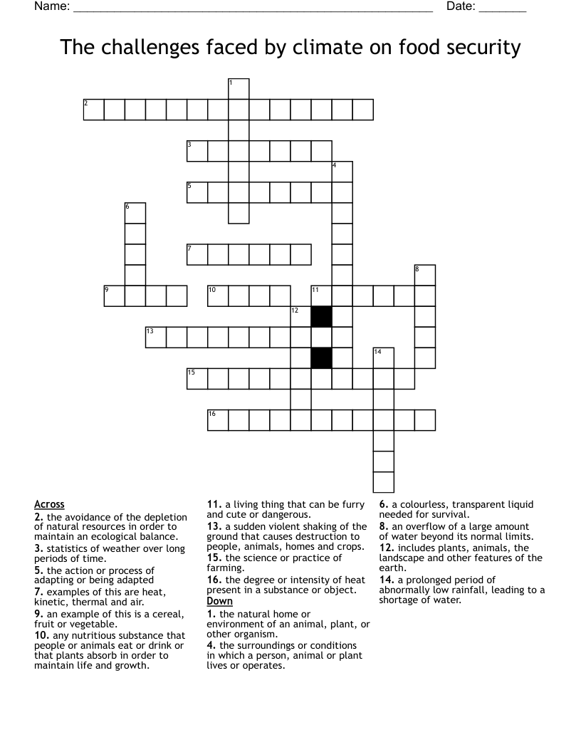 The challenges faced by climate on food security Crossword