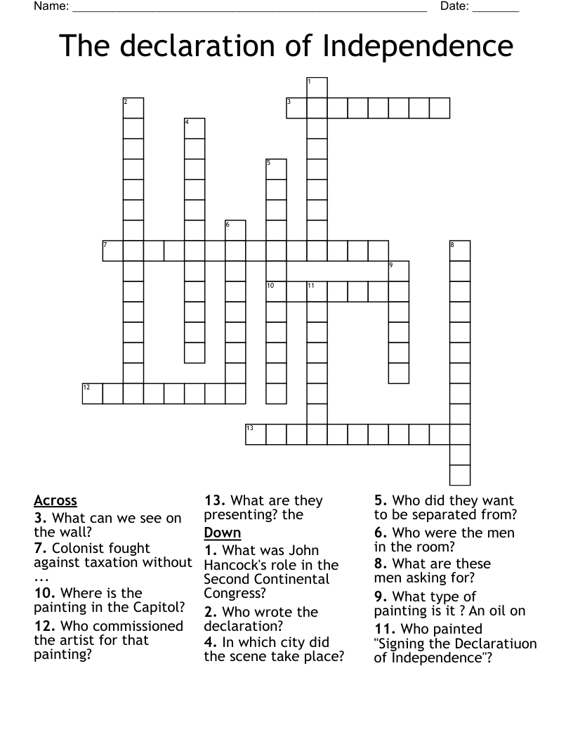 The declaration of Independence Crossword