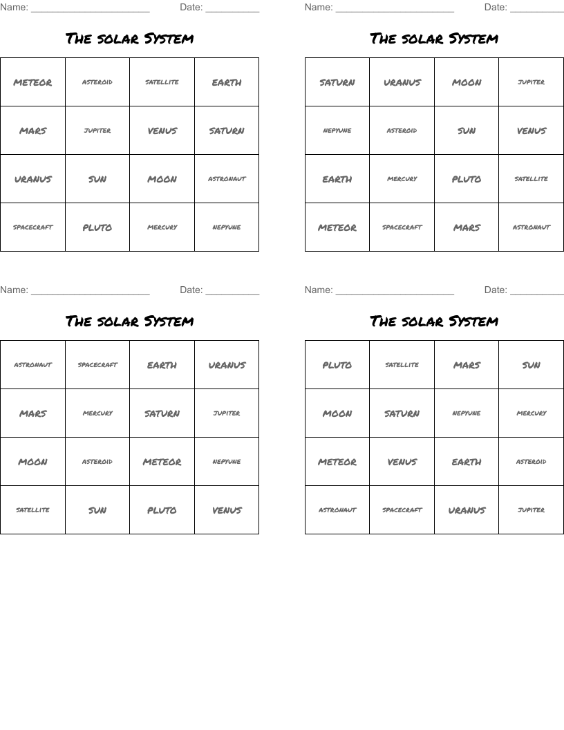 The solar System Bingo Cards