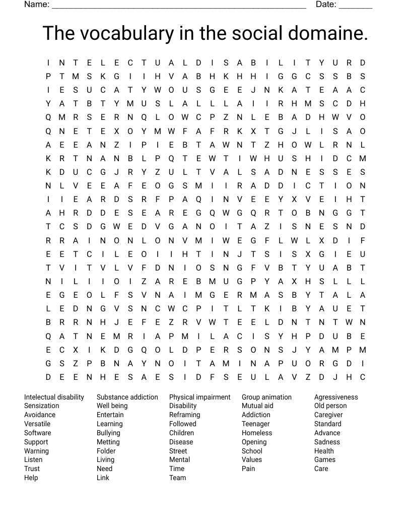 The vocabulary in the social domaine. Word Search
