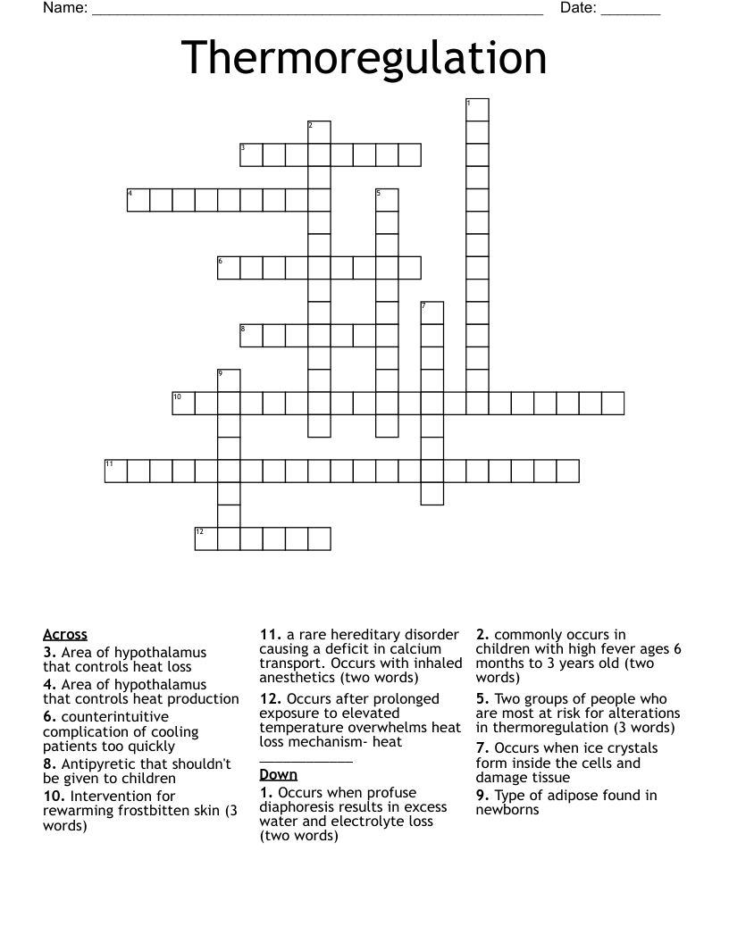 Thermoregulation Crossword