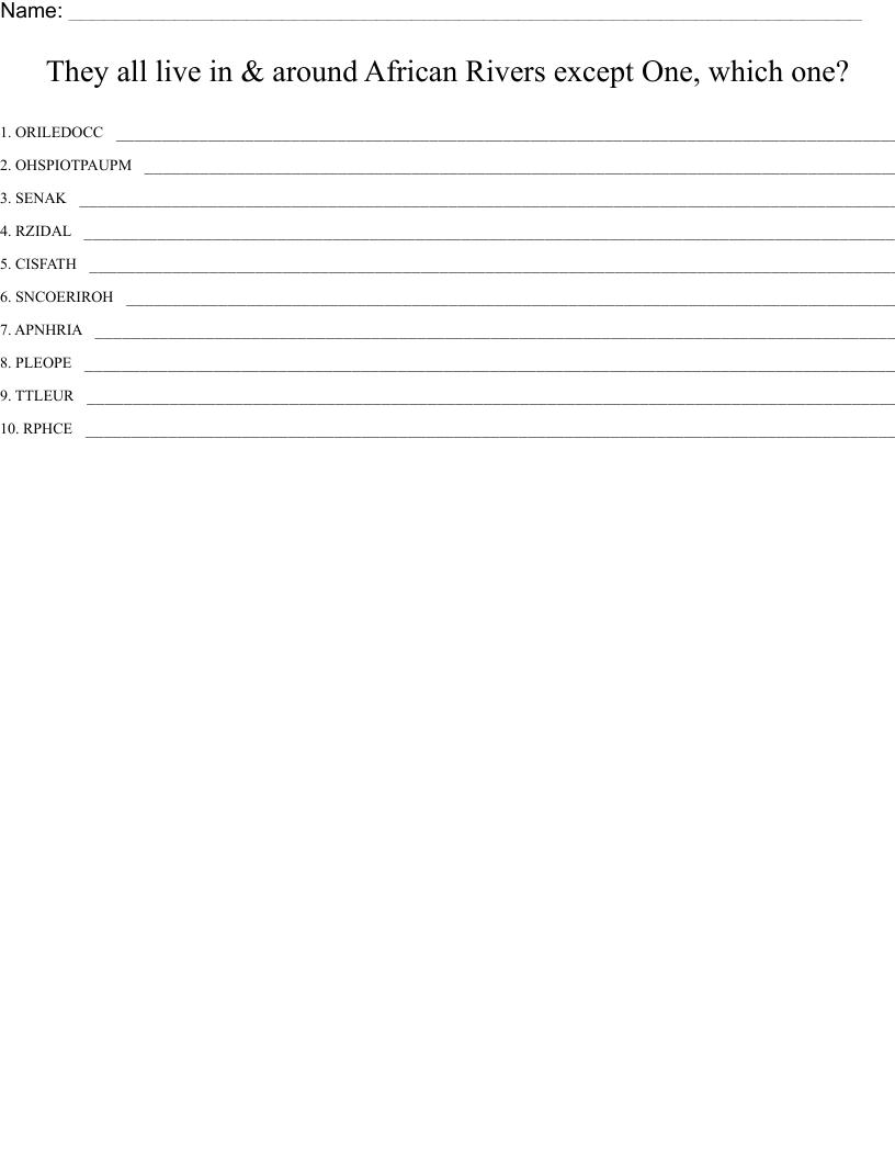 They all live in & around African Rivers except One, which one? Word Scramble