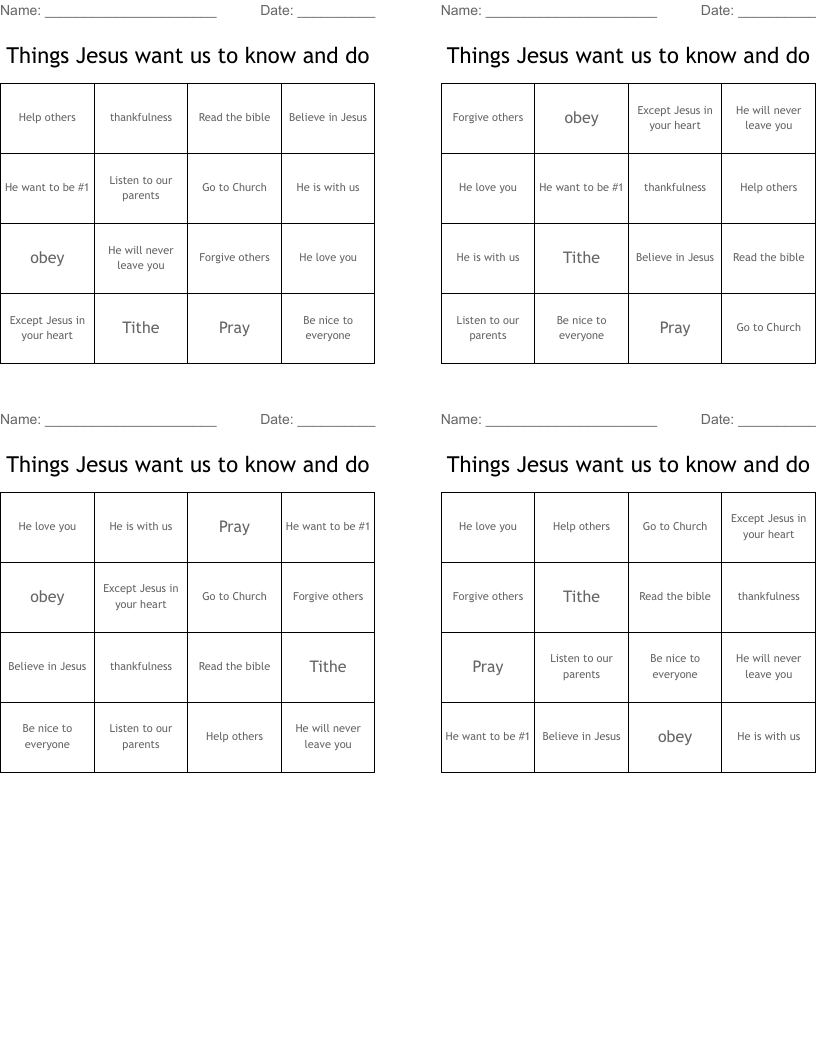 Things Jesus want us to know and do Bingo Cards