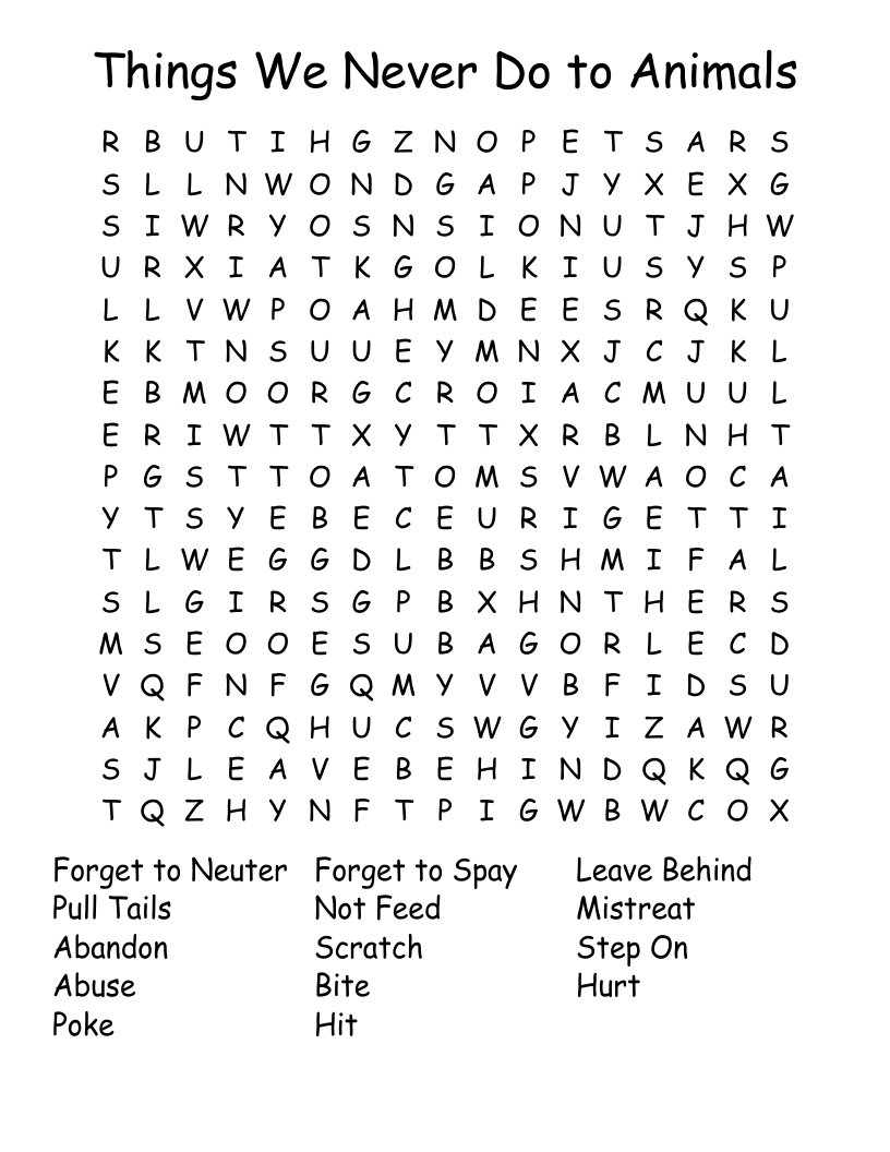 Things We Never Do to Animals Word Search