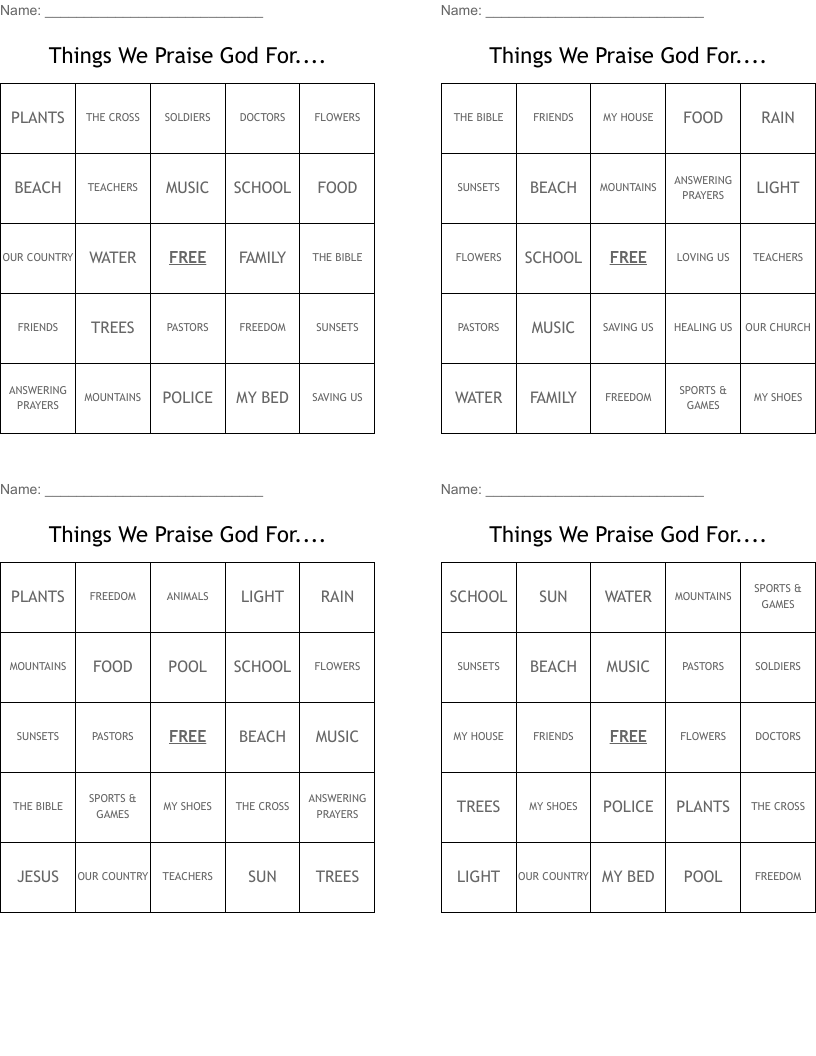 Things We Praise God For.... Bingo Cards
