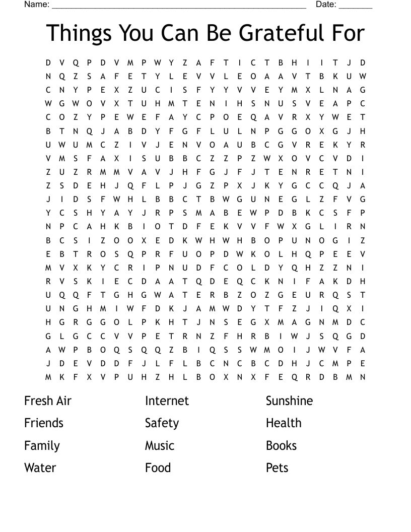 Things You Can Be Grateful For  Word Search