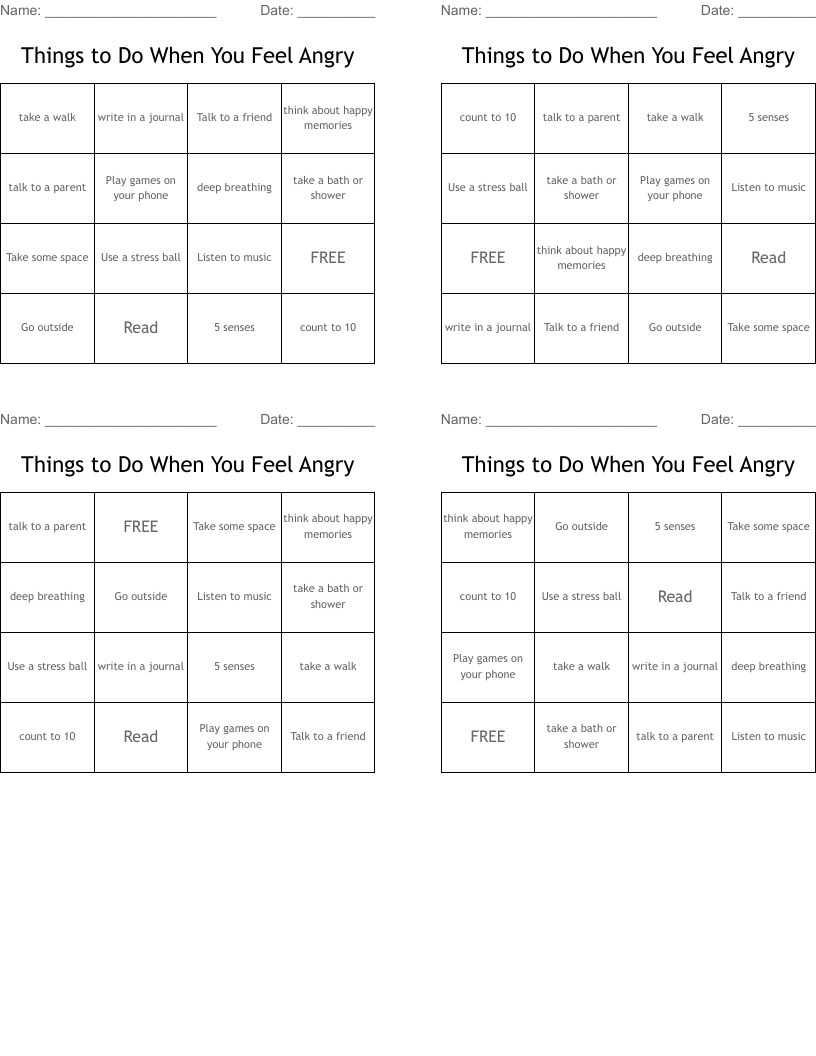 Things to Do When You Feel Angry Bingo Cards