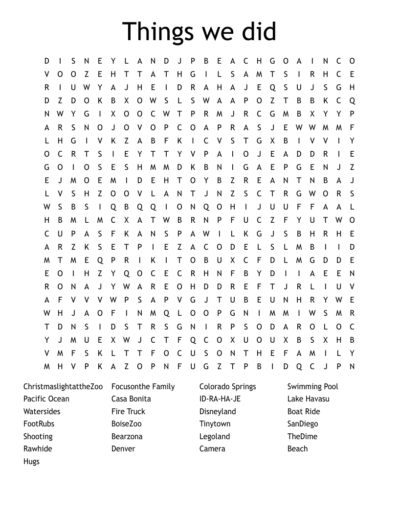 Things we did Word Search WordMint
