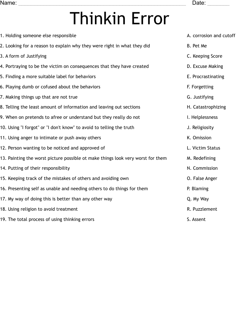 Printable Thinking Errors Worksheet Printable Templates