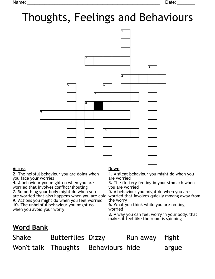 Thoughts, Feelings and Behaviours Crossword WordMint