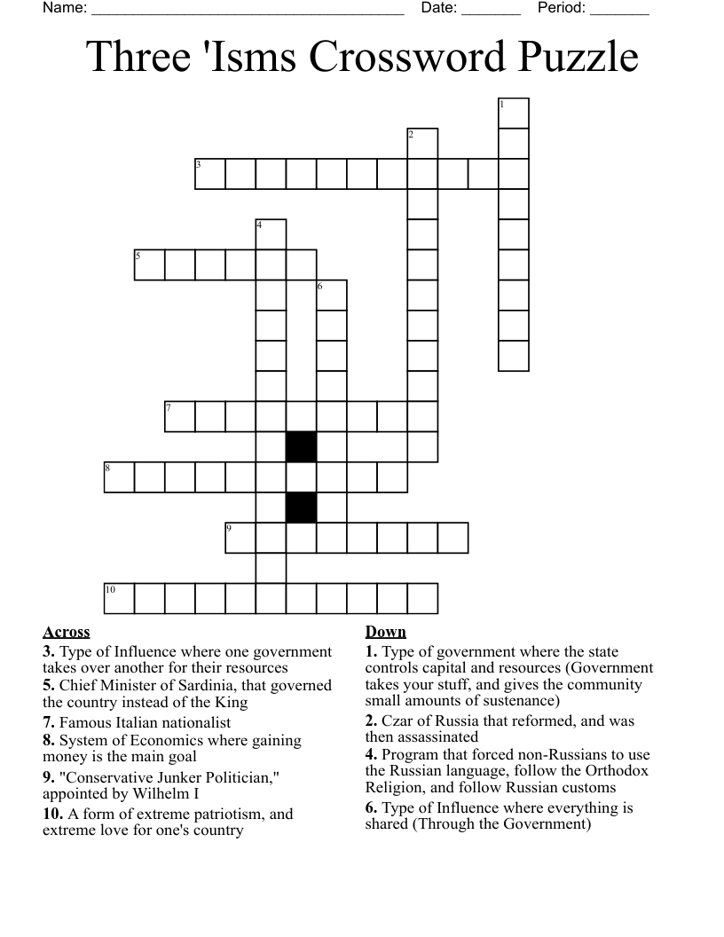 Three Isms Crossword Puzzle Wordmint