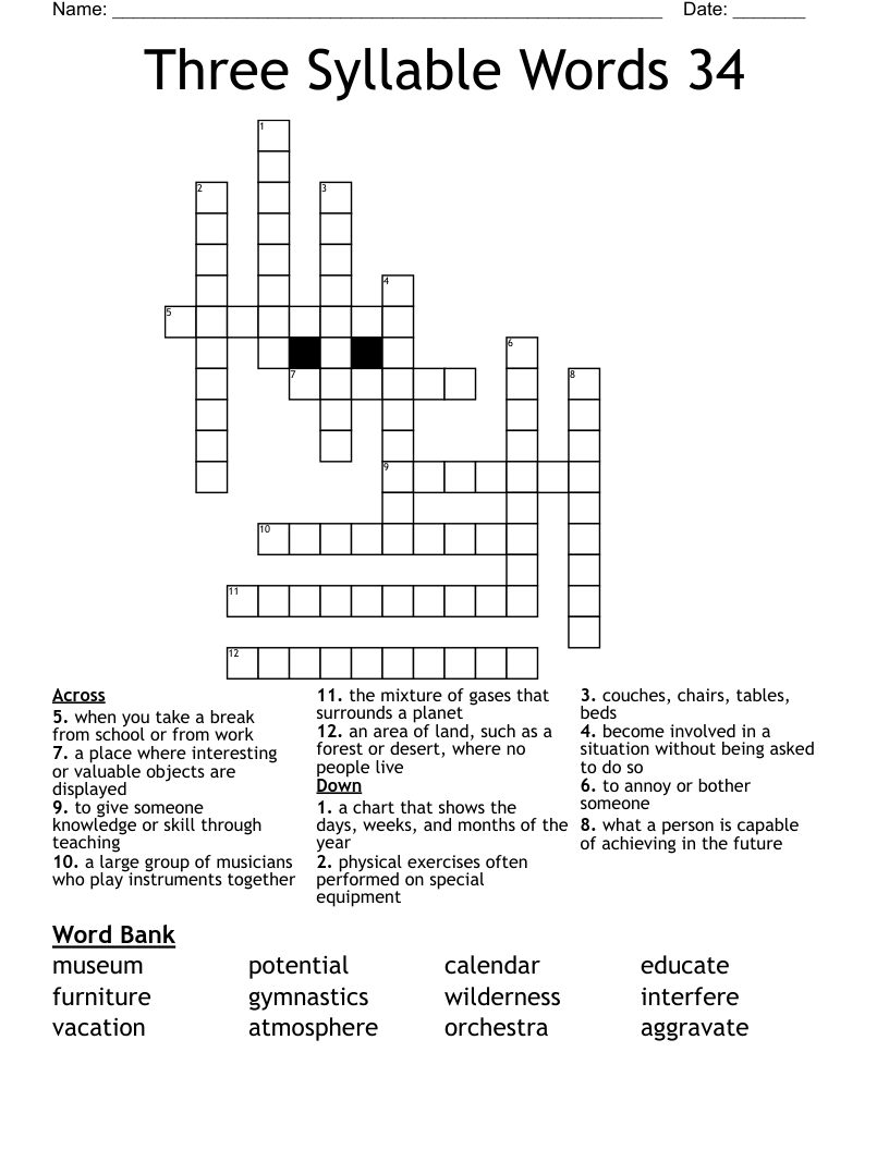 Three Syllable Words 34 Crossword