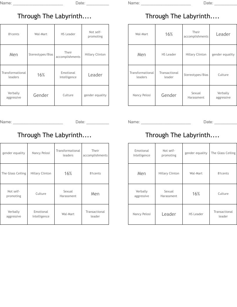 Through The Labyrinth.... Bingo Cards