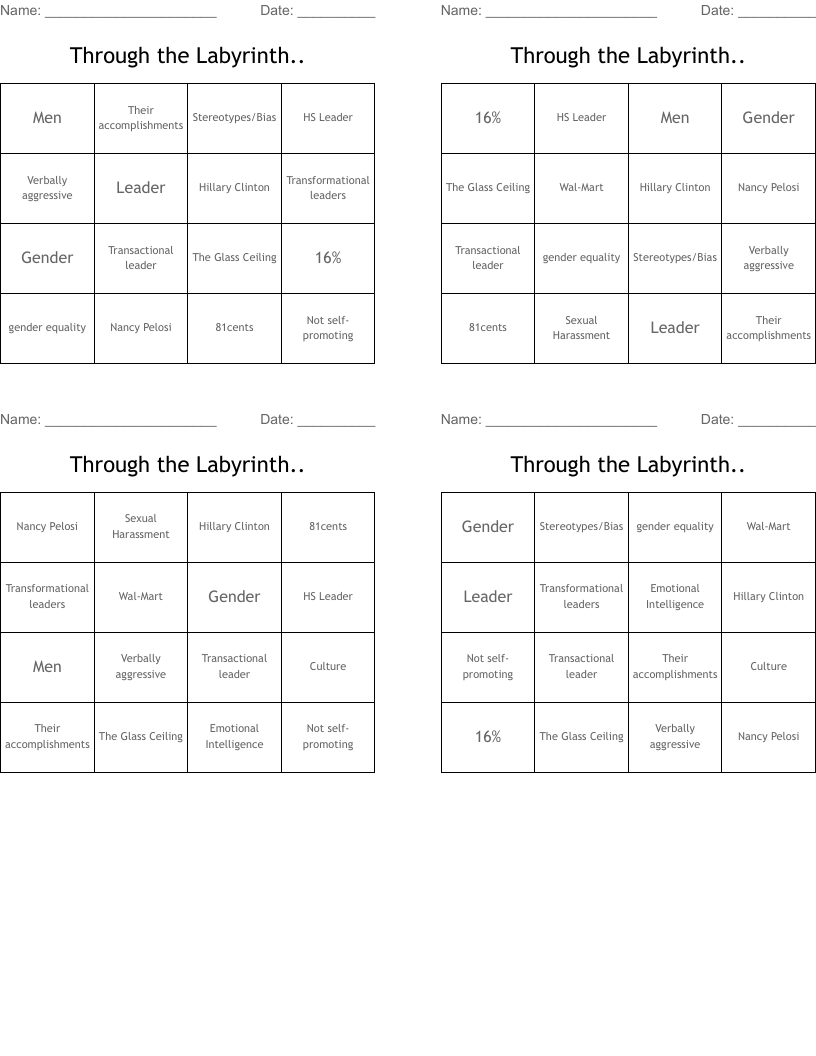 Through the Labyrinth.. Bingo Cards