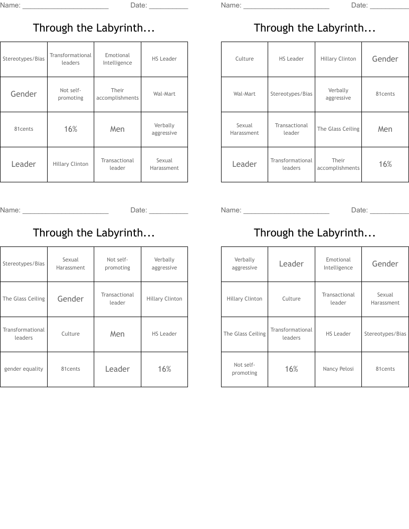 Through the Labyrinth... Bingo Cards