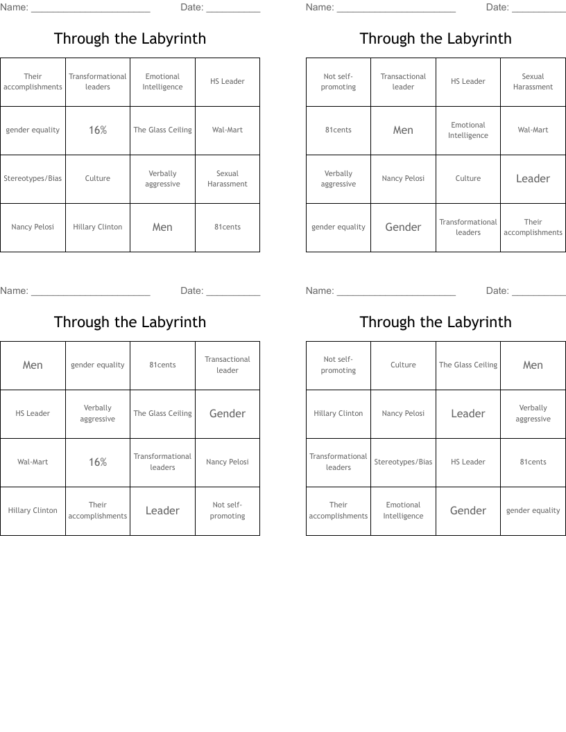 Through the Labyrinth  Bingo Cards