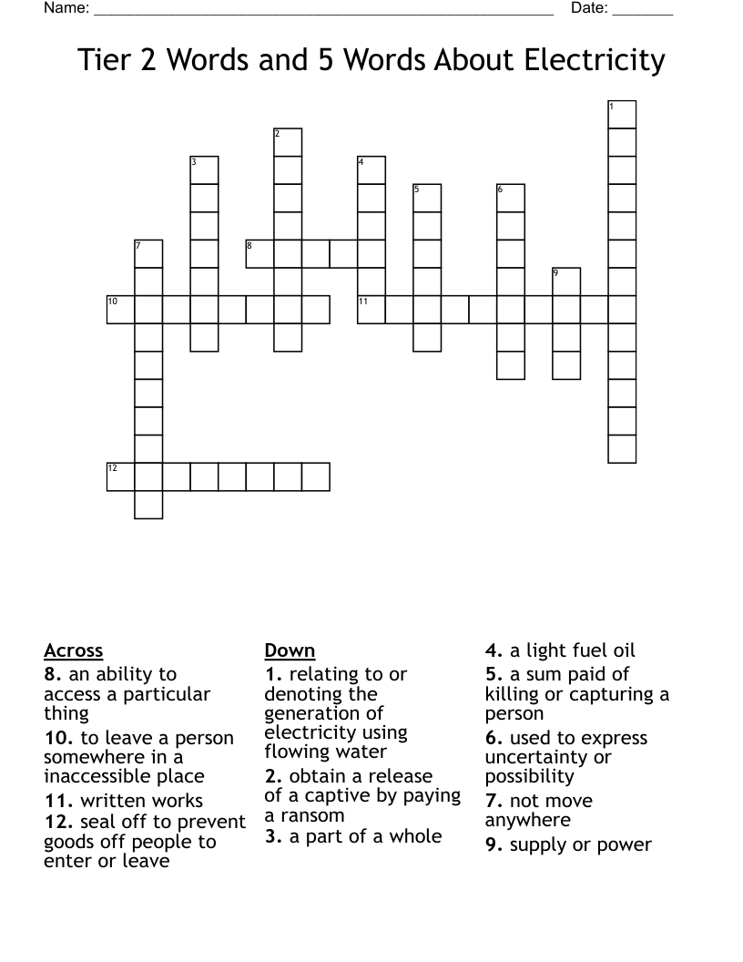 Tier 2 Words and 5 Words About Electricity Crossword WordMint